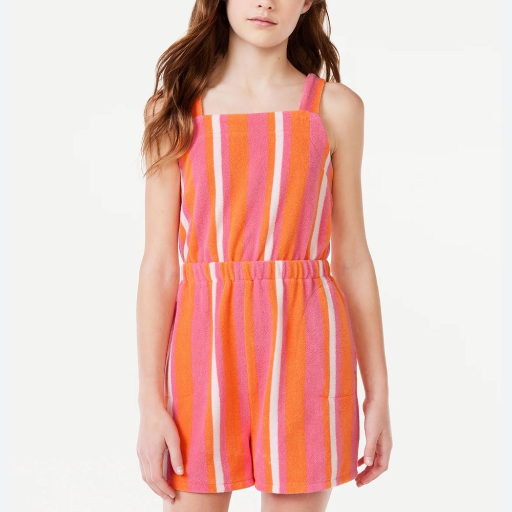 Free Assembly Orange and Pink Striped Jumpsuit terrycloth XL 14/16 jumper